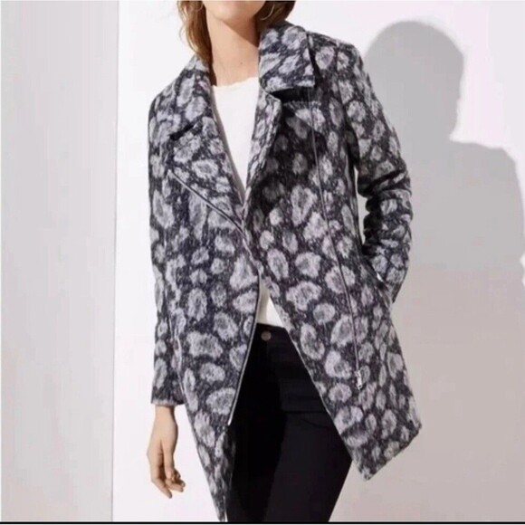 LOFT Womens Gray Leopard Spotted Moto Coat Asymmetric Zip Wool Blend size Medium - Picture 10 of 10